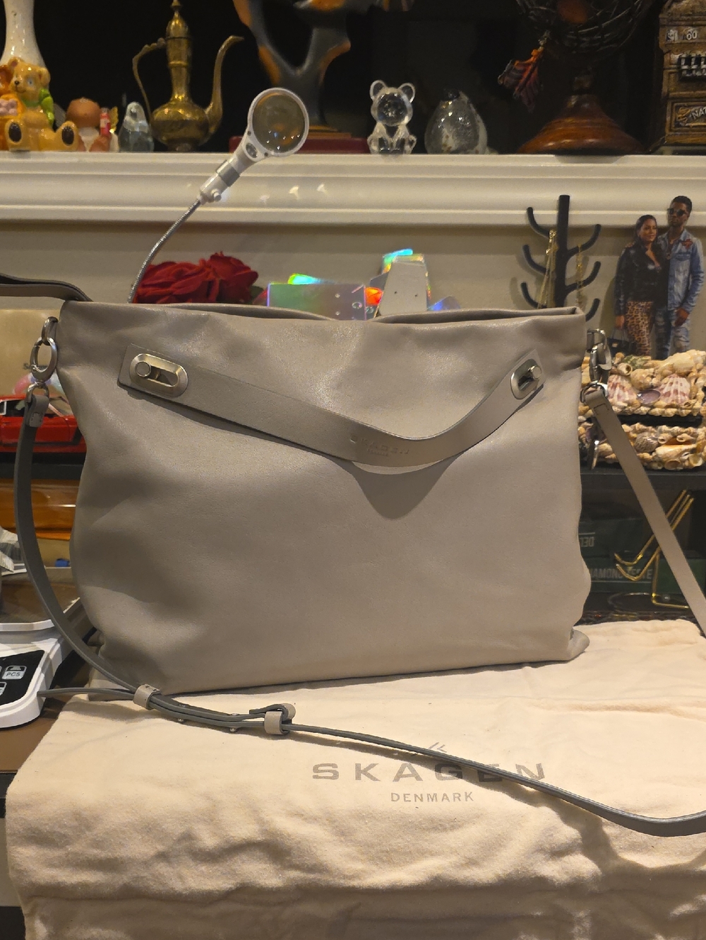 Skagen Soft Leather Shoulder Bag in Light Gray